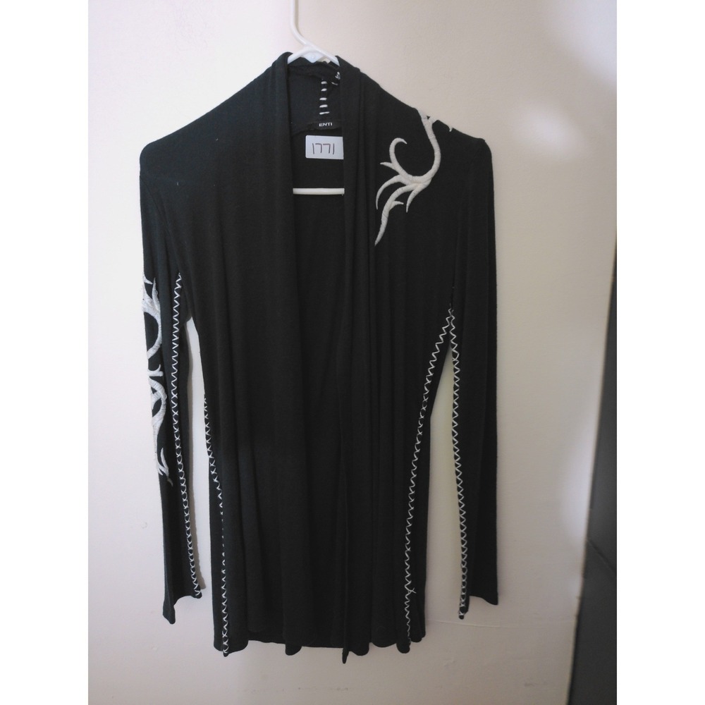 Enti Cardigan Women S Black Y2K Embroidered Contrast Whipstitch Avant Garde